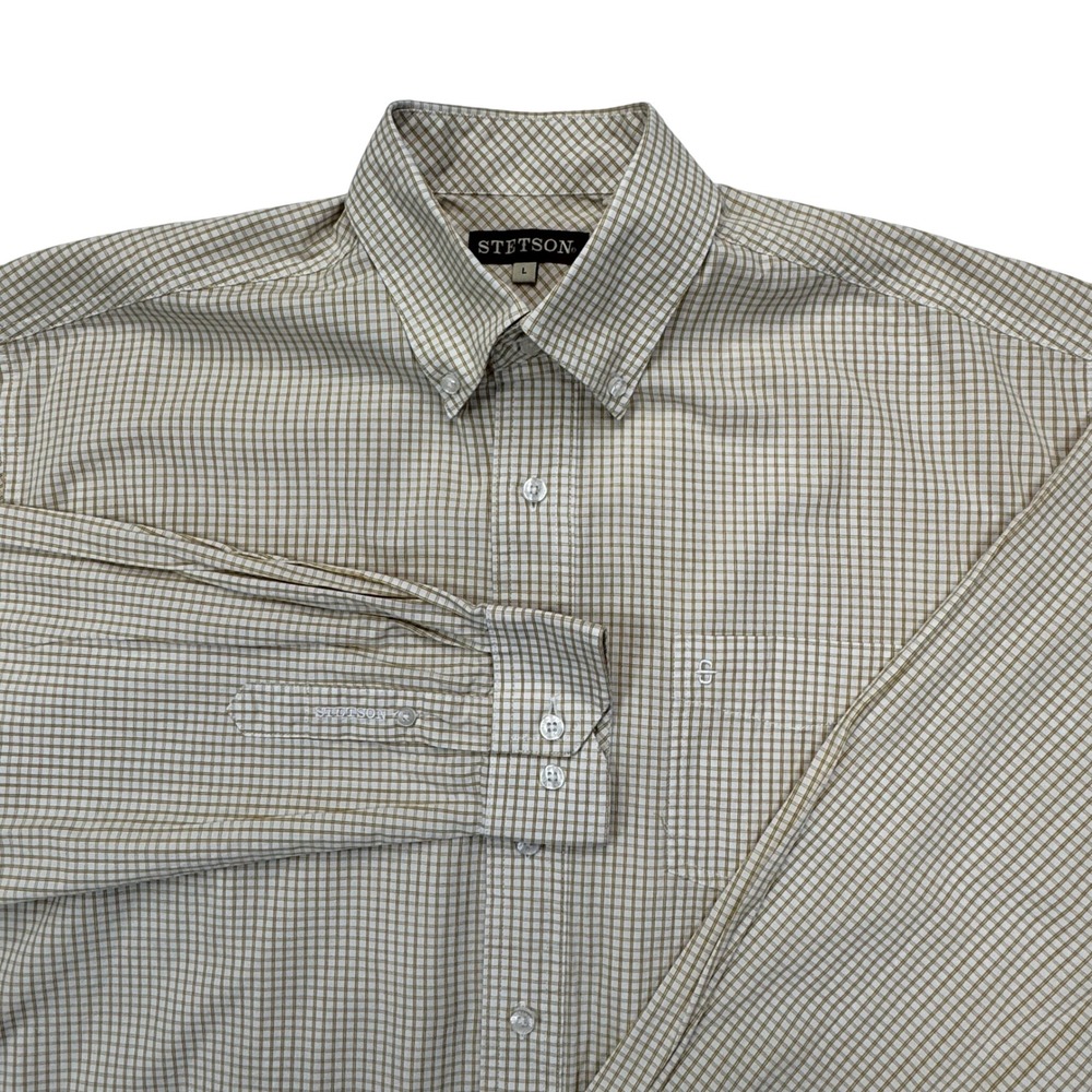 Stetson Mens Tan White Micro Check Cotton Button Down Shirt L 11-001-0579-0032YE